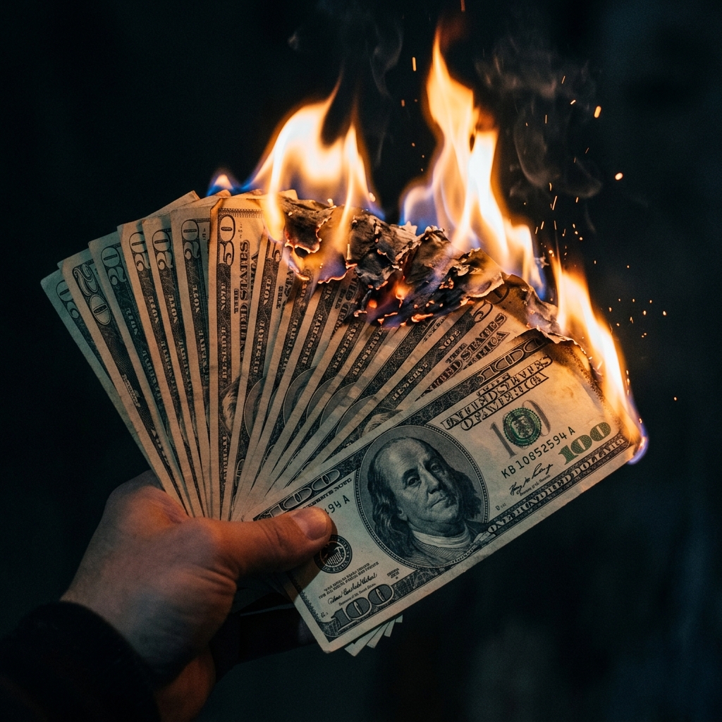 A fan of US dollar banknotes burning, on fire — representing wasted marketing budget and cash burn in inefficient retainers